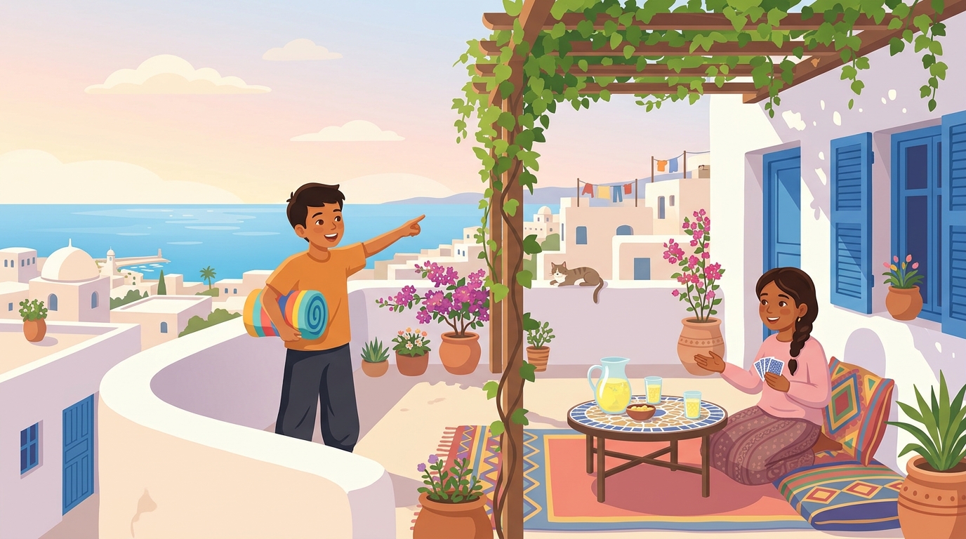 Sur la terrasse d'une maison blanche aux volets bleus, Leo, une serviette de plage sous le bras, montre la mer ; Mia, à l'ombre de la vigne, tient un jeu de cartes